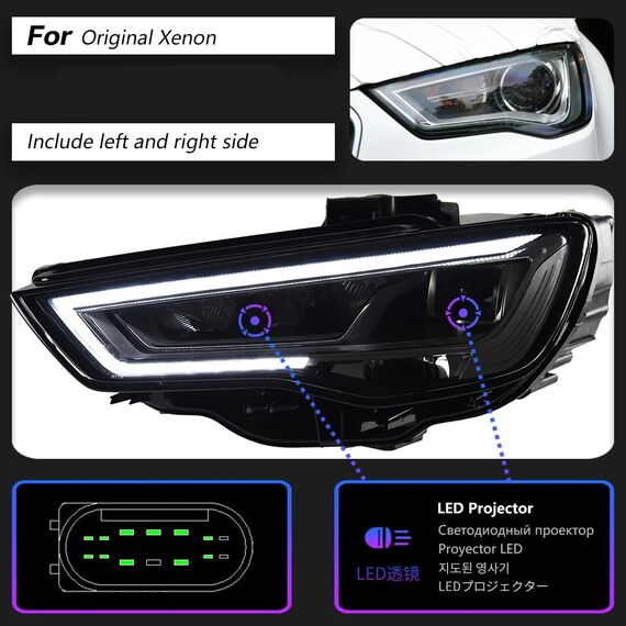 LED Projector Headlights with DRL for Audi A3 8V 2014–2016 Plug & Play Upgrade, Type: For Original Xenon, 2 image LED Projector Headlights with DRL for Audi A3 8V 2014–2016 Plug & Play Upgrade, Type: For Original Xenon, 2 image